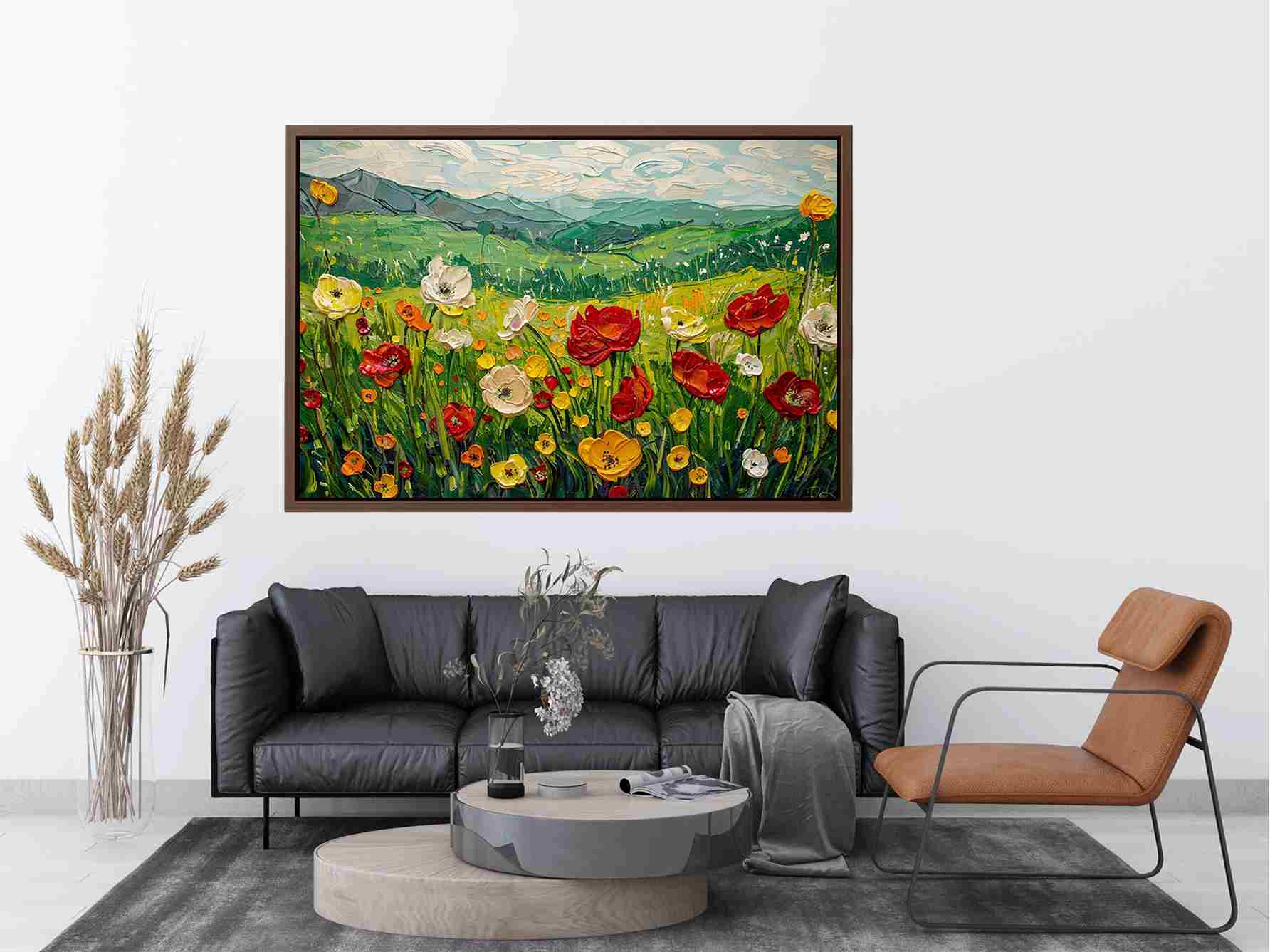 Panoramic wildflower meadow canvas art for cheerful country living room decor.