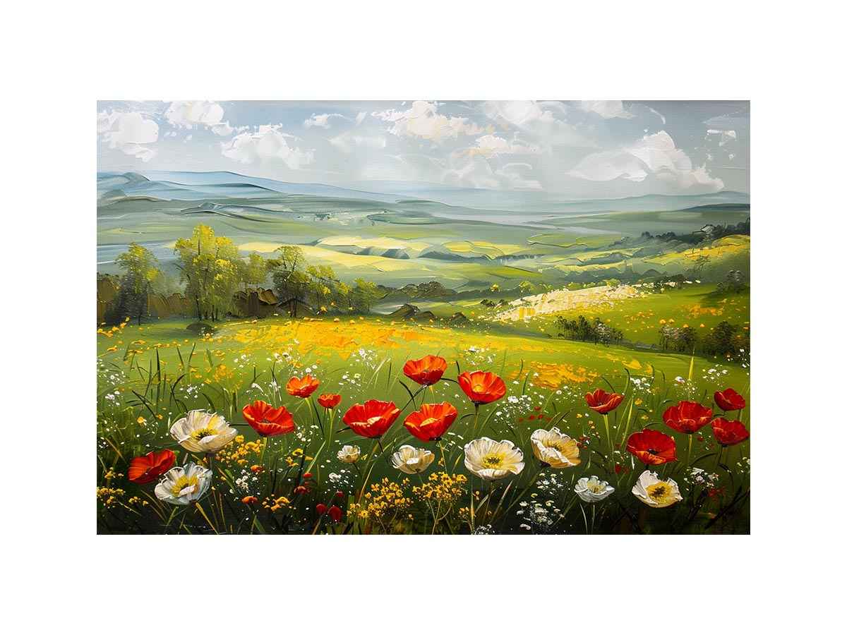 Panoramic poppy meadow canvas art for peaceful living room decor.