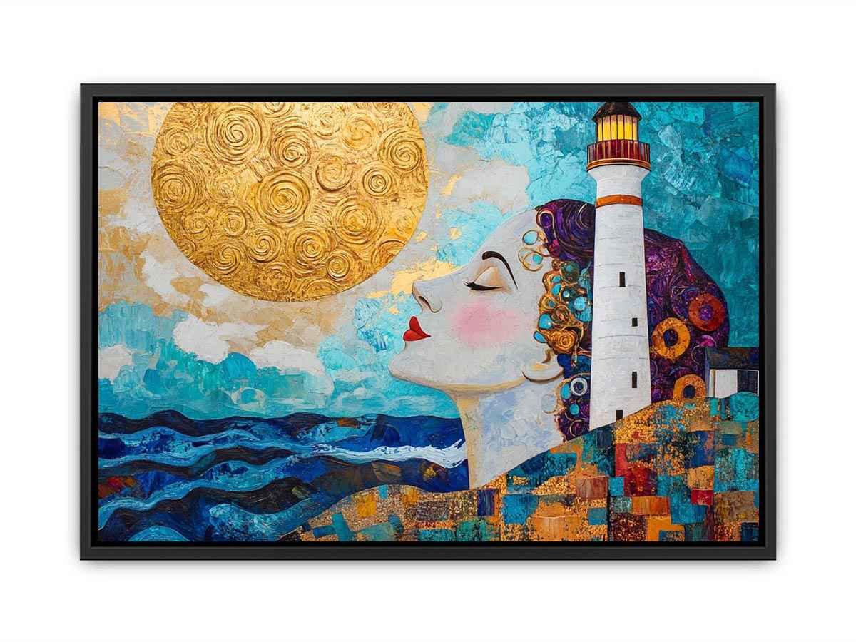 Surreal coastal lighthouse Canvas Print with woman portrait and gold sun