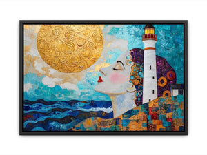 Surreal coastal lighthouse Canvas Print with woman portrait and gold sun