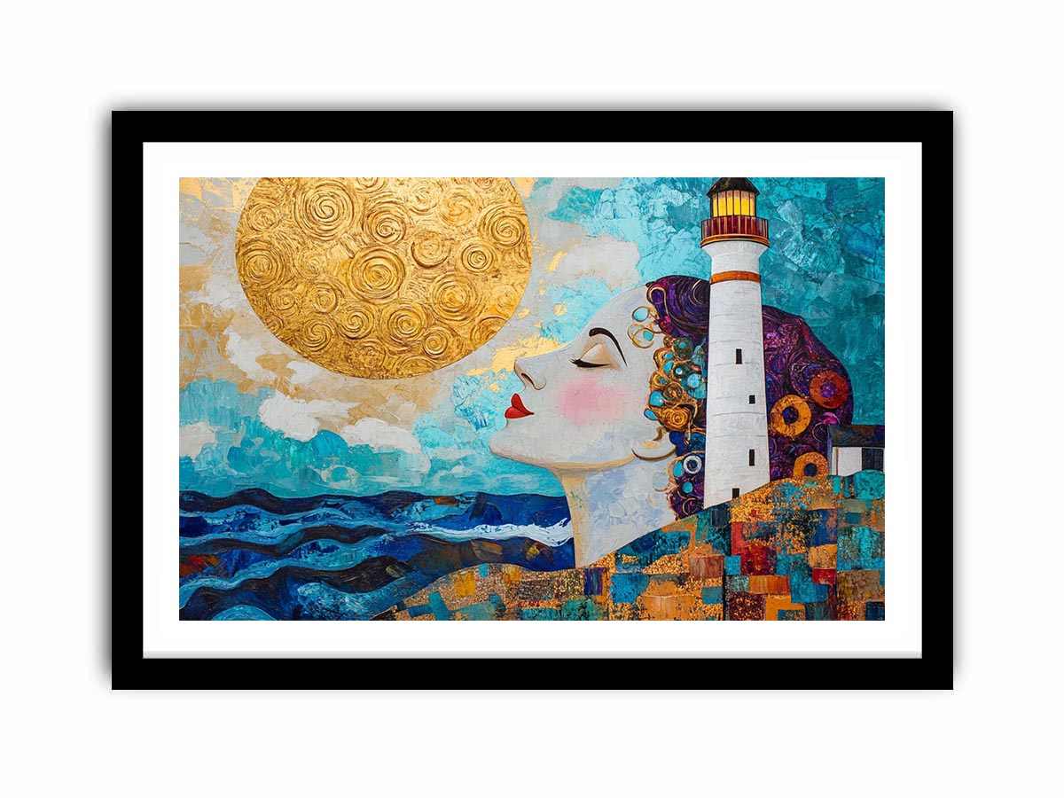 Surreal coastal lighthouse Canvas Print with woman portrait and gold sun