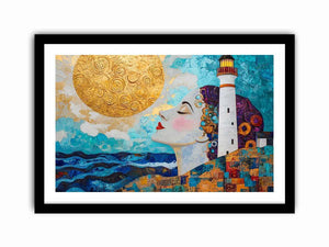 Surreal coastal lighthouse Canvas Print with woman portrait and gold sun