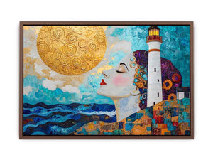 Surreal coastal lighthouse Canvas Print with woman portrait and gold sun