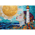 Surreal coastal lighthouse Canvas Print with woman portrait and gold sun