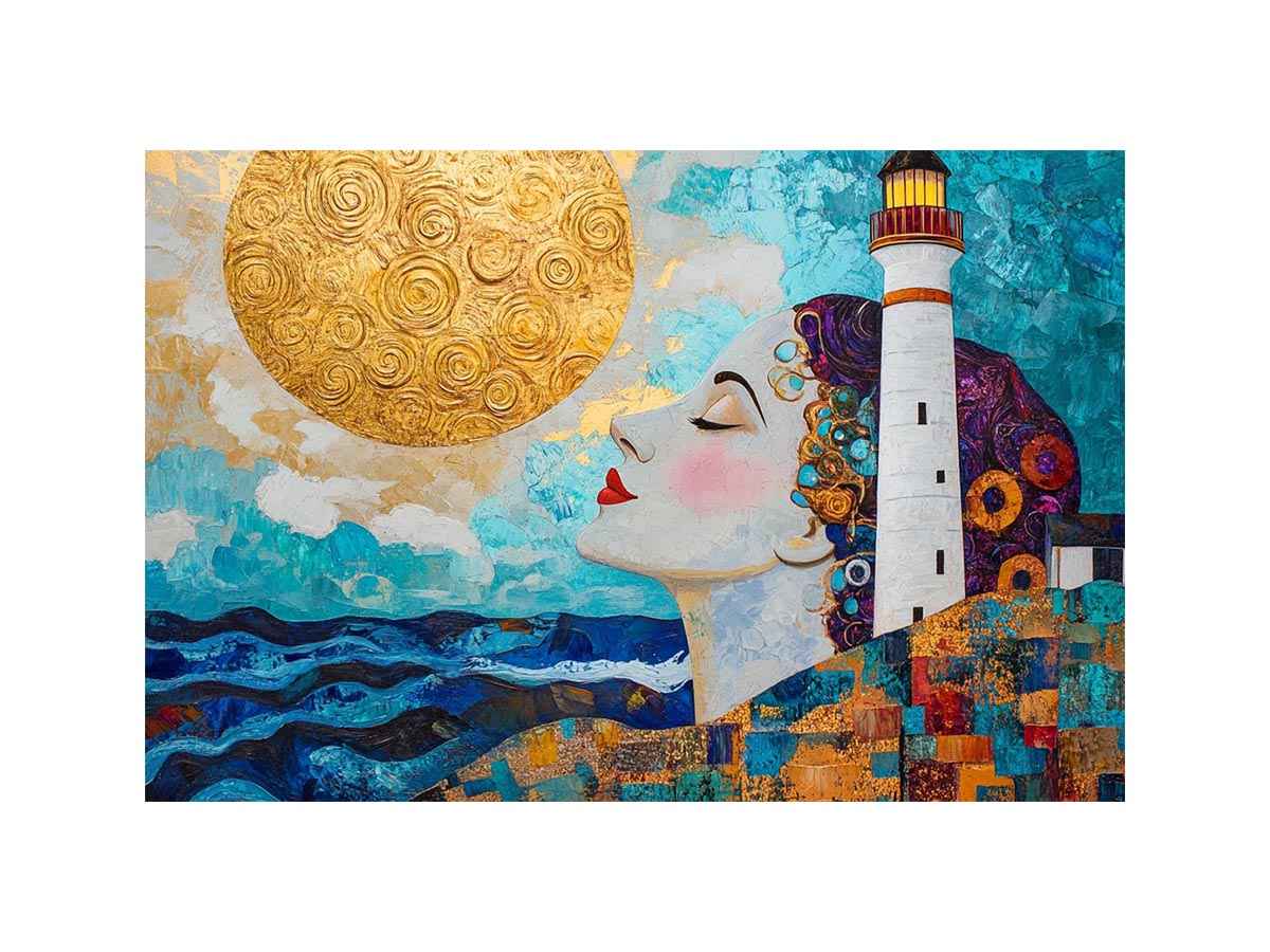 Surreal coastal lighthouse Canvas Print with woman portrait and gold sun