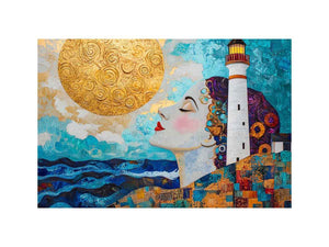 Surreal coastal lighthouse Canvas Print with woman portrait and gold sun