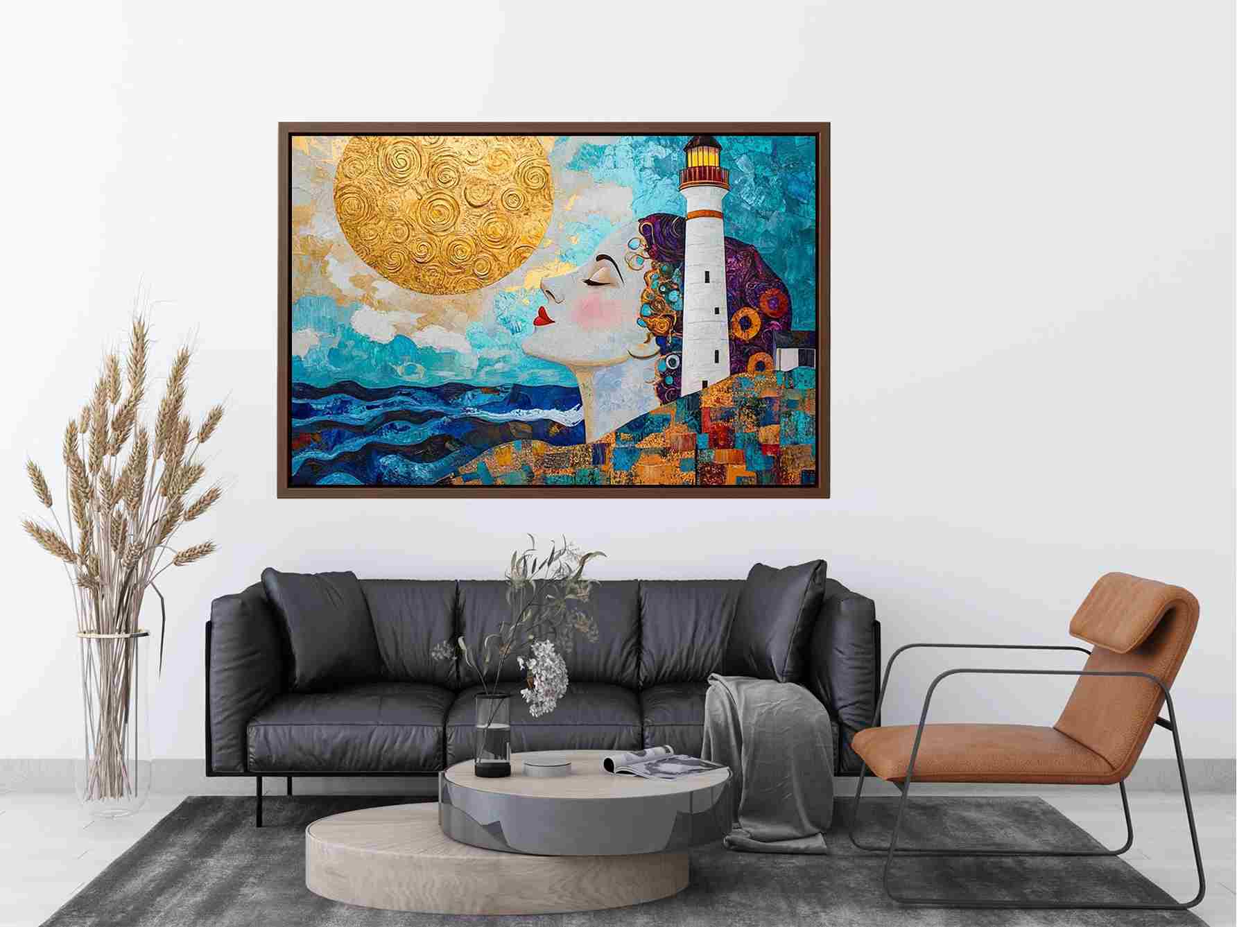 Surreal coastal lighthouse canvas art with woman portrait and gold sun for modern living room decor.