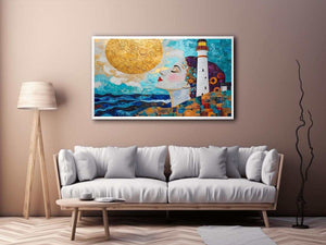 Surreal coastal lighthouse Canvas Print with woman portrait and gold sun