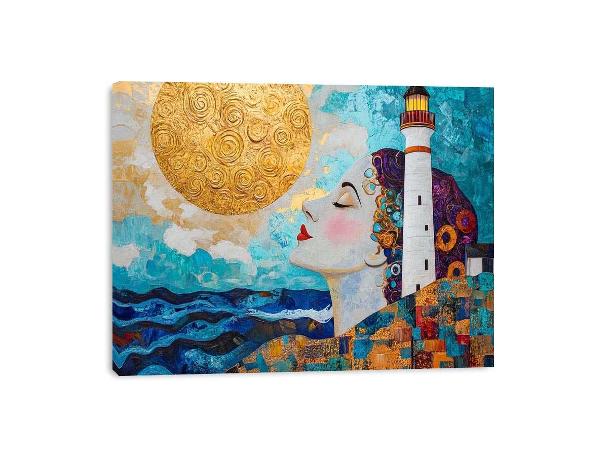 Surreal coastal lighthouse Canvas Print with woman portrait and gold sun