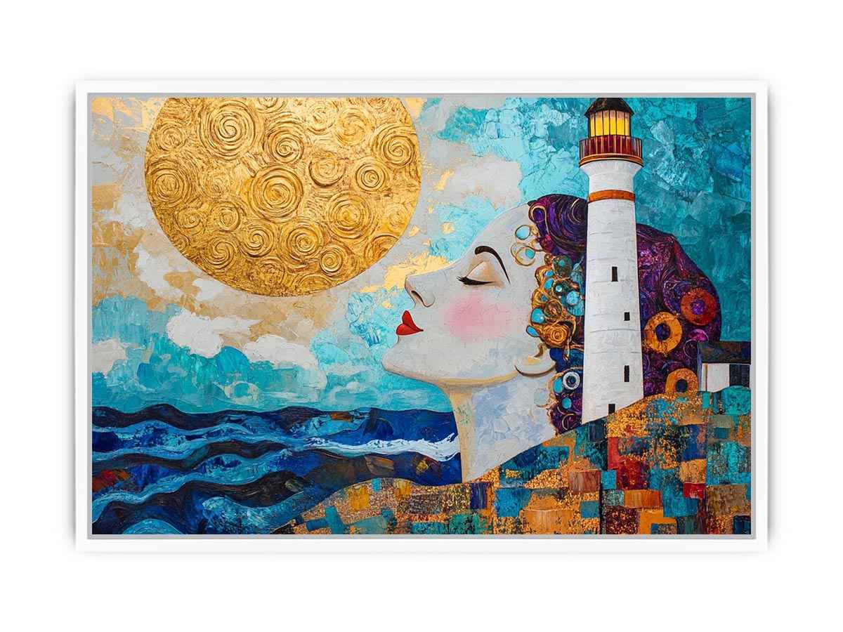 Surreal coastal lighthouse Canvas Print with woman portrait and gold sun