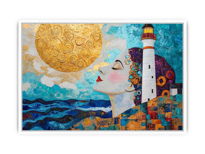 Surreal coastal lighthouse Canvas Print with woman portrait and gold sun