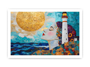 Surreal coastal lighthouse Canvas Print with woman portrait and gold sun