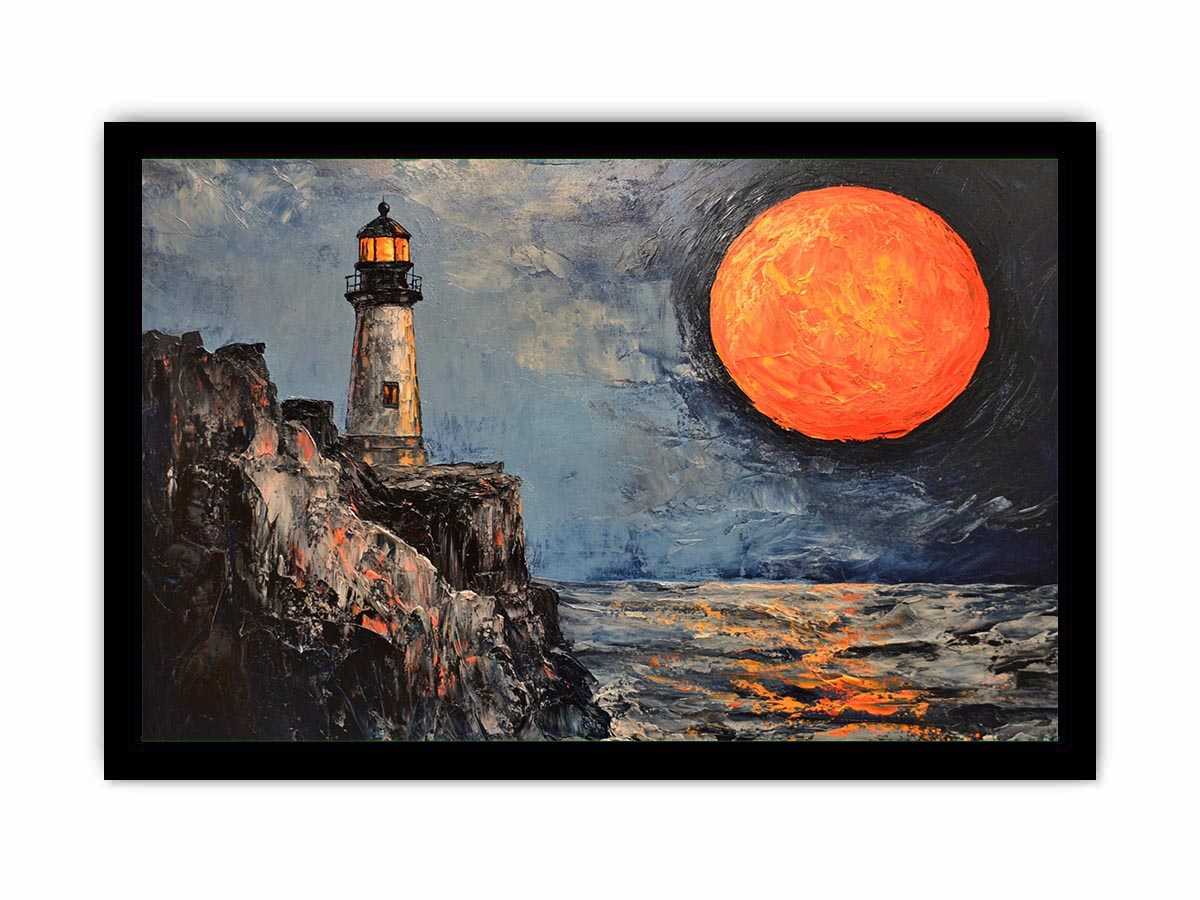 Coastal lighthouse Canvas Print with orange moon, ocean, and rocky cliffs