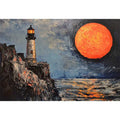 Coastal lighthouse Canvas Print with orange moon, ocean, and rocky cliffs