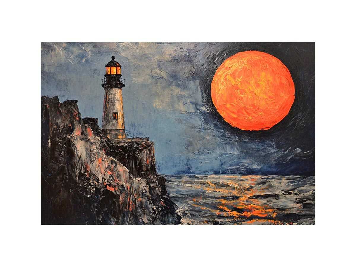 Coastal lighthouse Canvas Print with orange moon, ocean, and rocky cliffs
