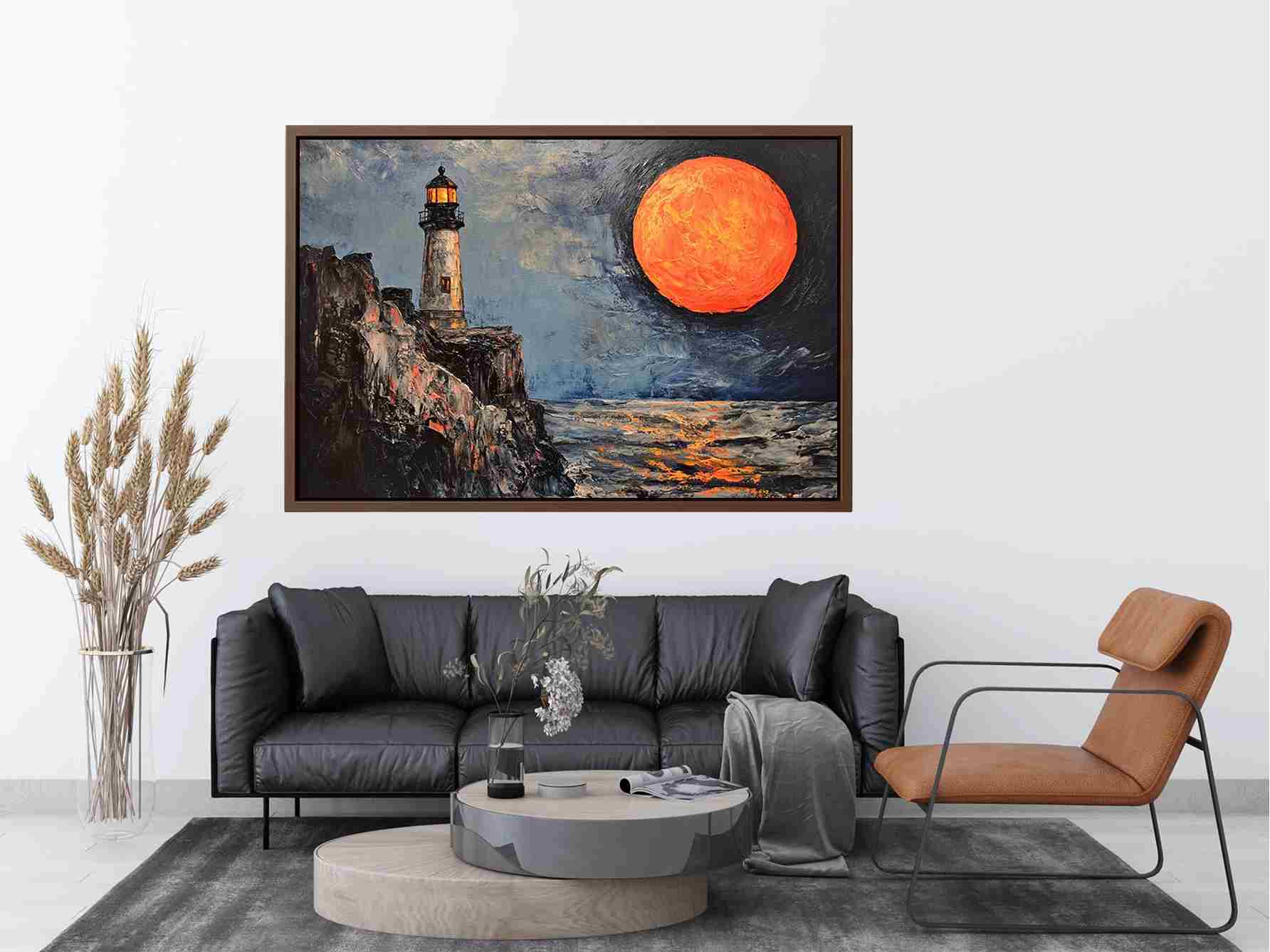 Coastal lighthouse Canvas Print with orange moon, ocean, and rocky cliffs