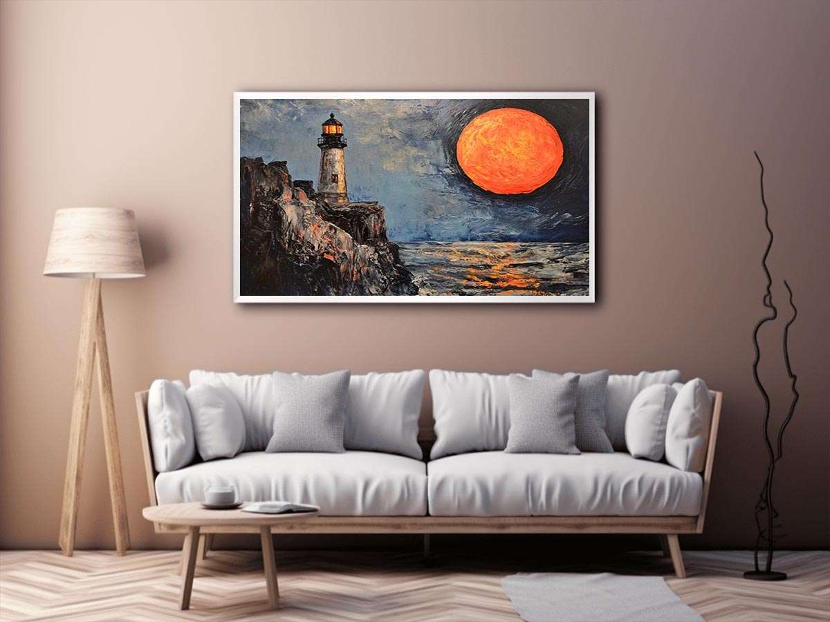 Coastal lighthouse Canvas Print with orange moon, ocean, and rocky cliffs