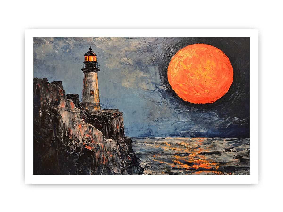 Coastal lighthouse Canvas Print with orange moon, ocean, and rocky cliffs