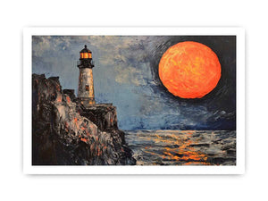 Coastal lighthouse Canvas Print with orange moon, ocean, and rocky cliffs
