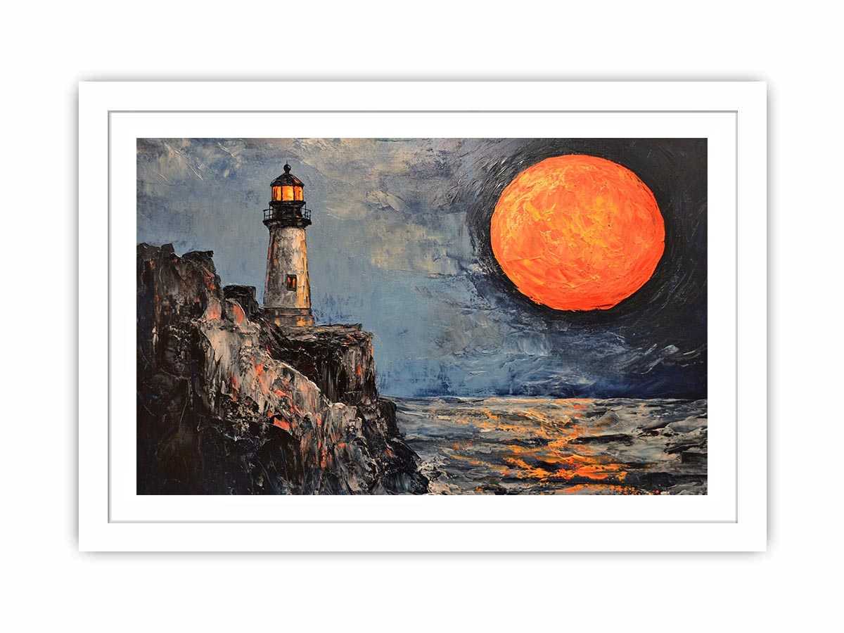 Coastal lighthouse Canvas Print with orange moon, ocean, and rocky cliffs