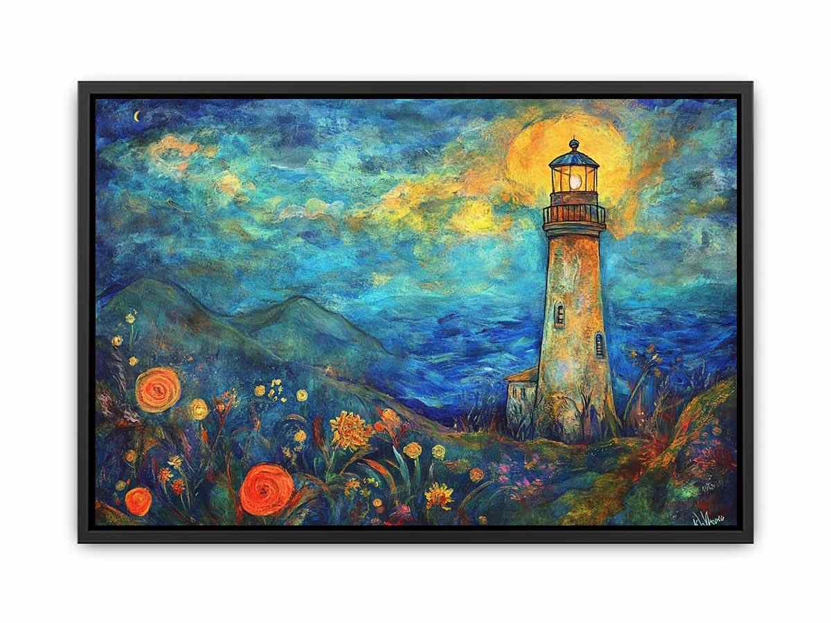 Dreamy lighthouse watercolor Canvas Print with moonlit coast
