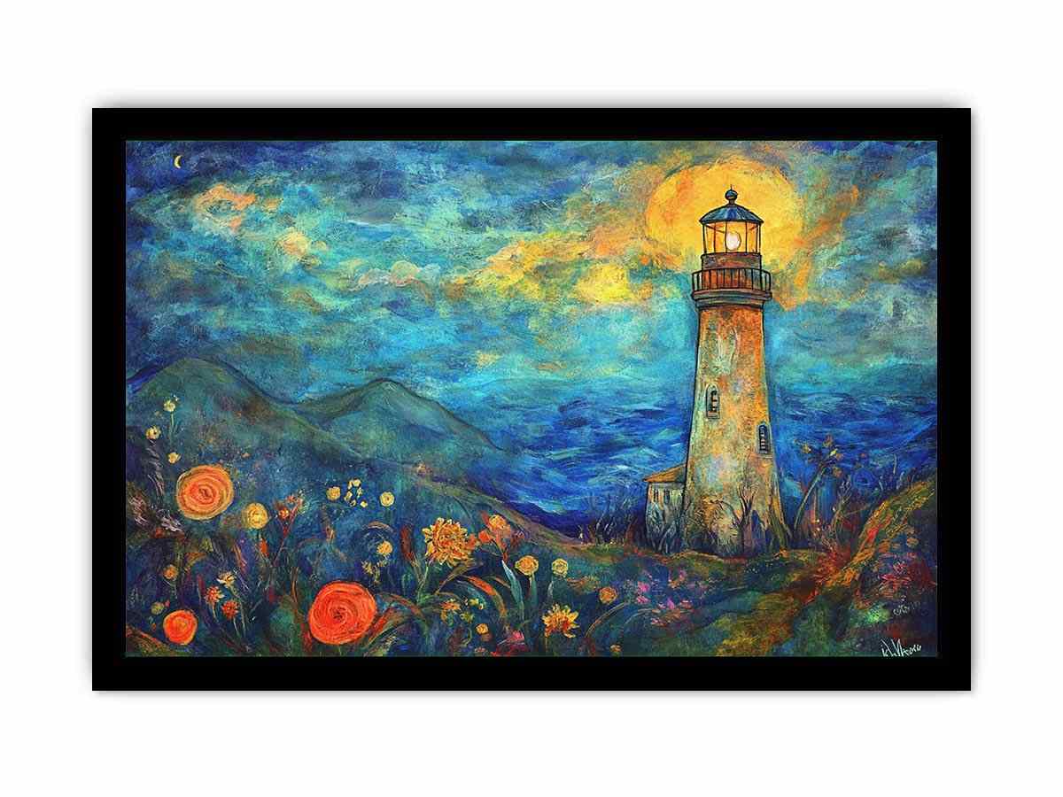 Dreamy lighthouse watercolor Canvas Print with moonlit coast