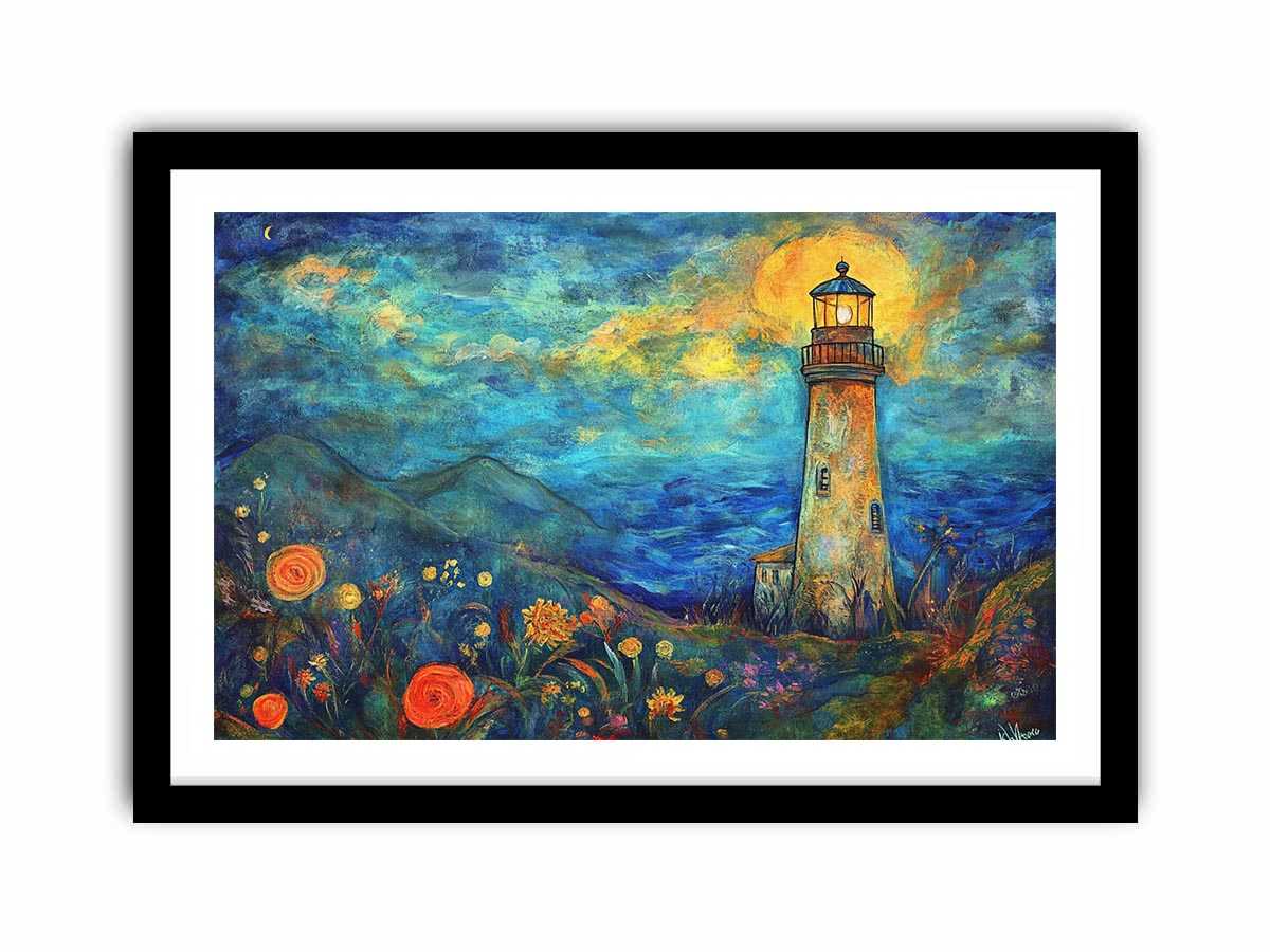 Dreamy lighthouse watercolor Canvas Print with moonlit coast