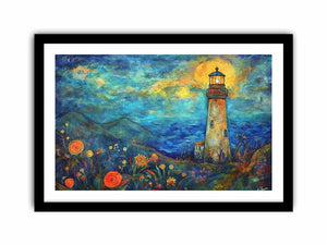 Dreamy lighthouse watercolor Canvas Print with moonlit coast
