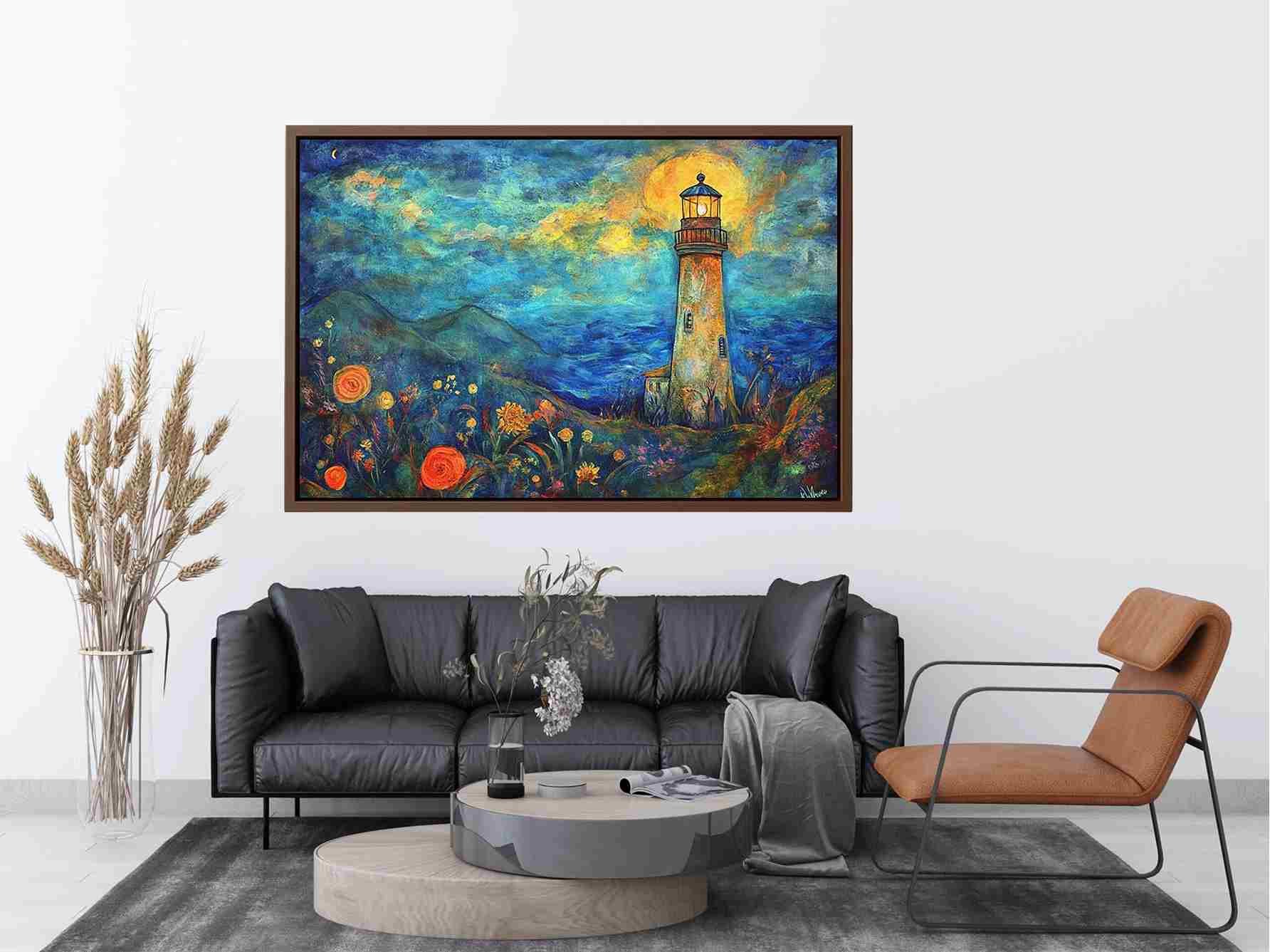 Dreamy lighthouse watercolor Canvas Print with moonlit coast