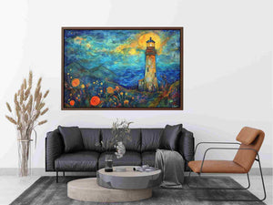 Dreamy lighthouse watercolor Canvas Print with moonlit coast