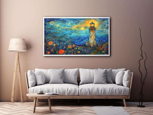 Dreamy lighthouse watercolor Canvas Print with moonlit coast
