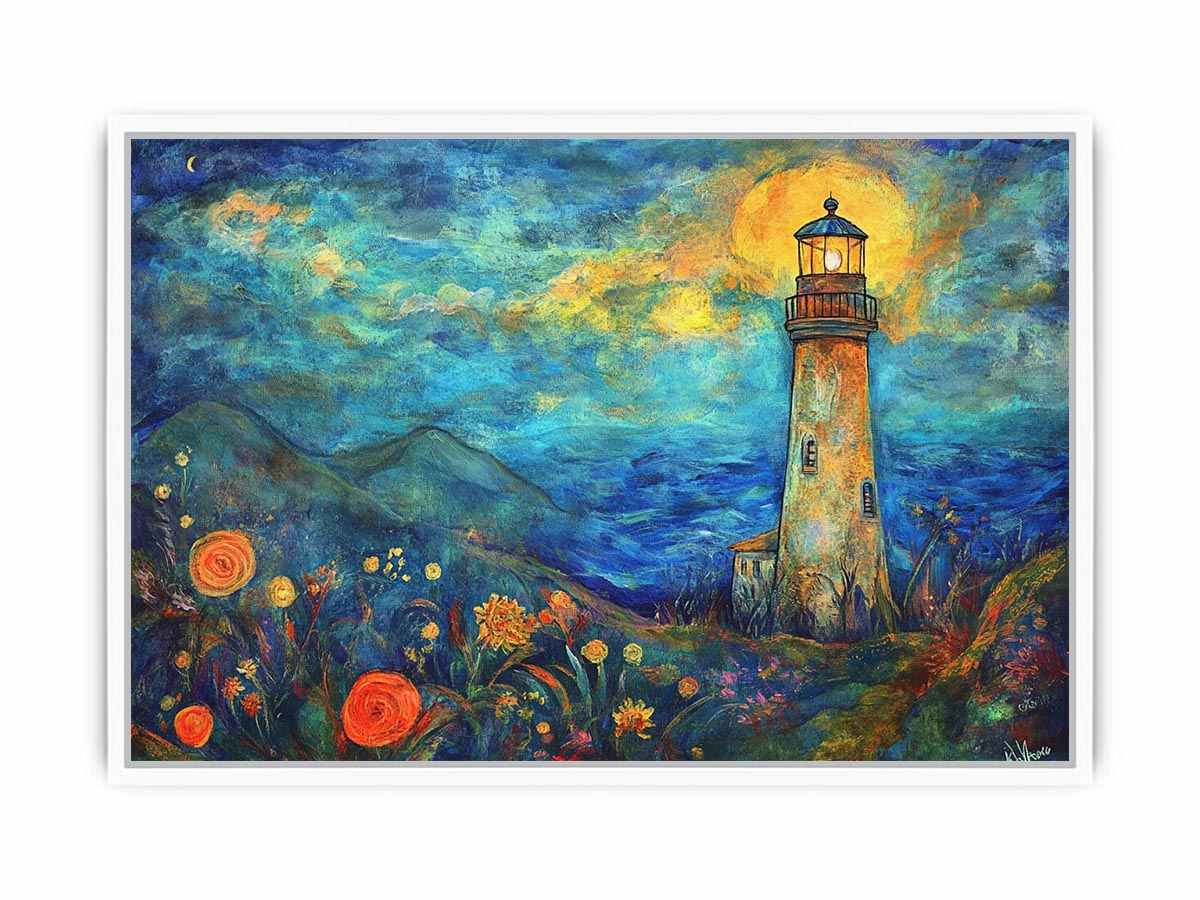 Dreamy lighthouse watercolor Canvas Print with moonlit coast