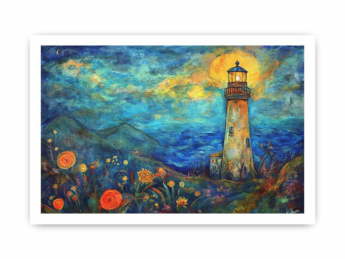 Dreamy lighthouse watercolor Canvas Print with moonlit coast