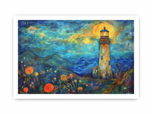 Dreamy lighthouse watercolor Canvas Print with moonlit coast