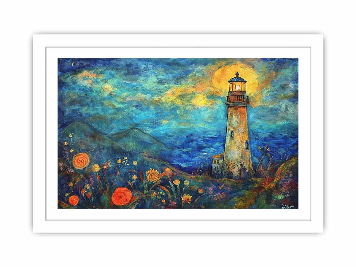 Dreamy lighthouse watercolor Canvas Print with moonlit coast