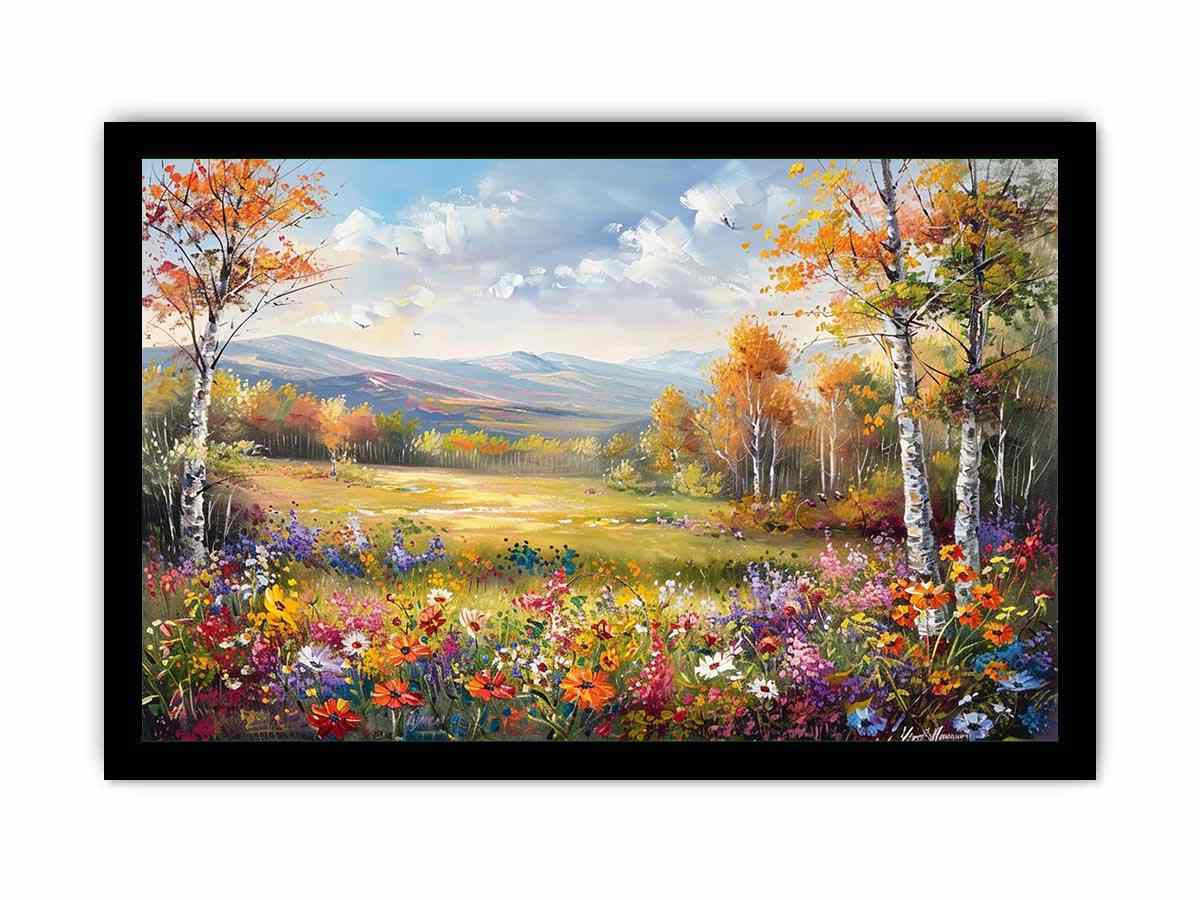Autumn meadow landscape Canvas Print with wildflowers and mountains