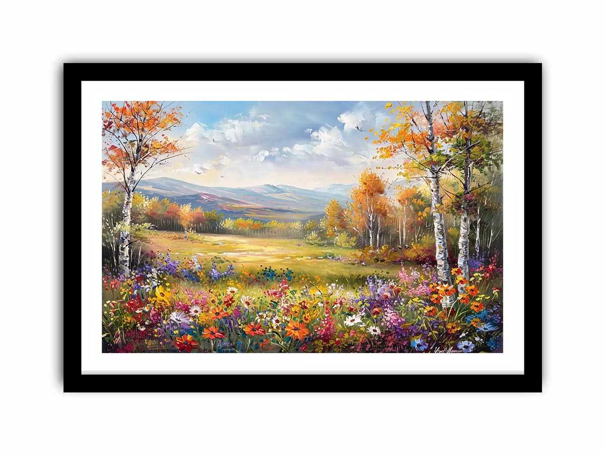 Autumn meadow landscape Canvas Print with wildflowers and mountains