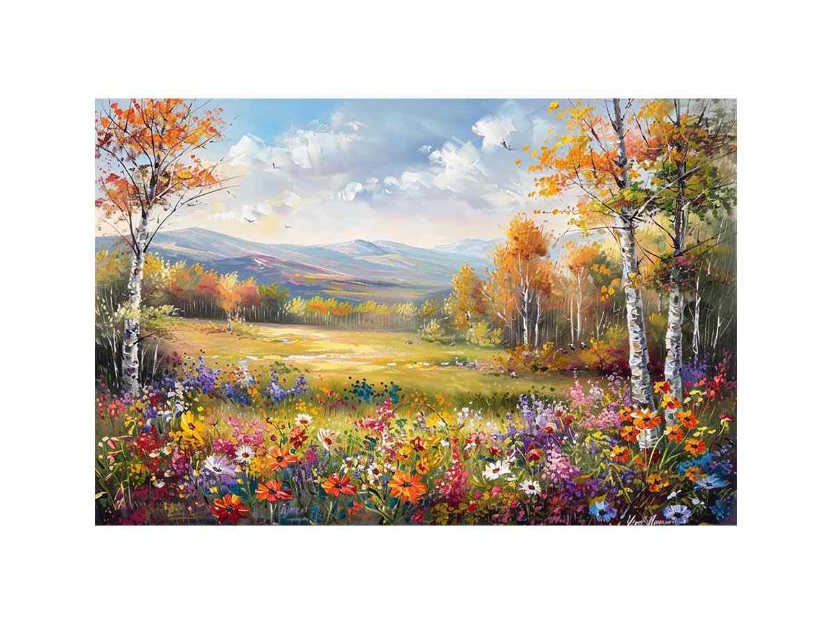 Autumn meadow landscape Canvas Print with wildflowers and mountains