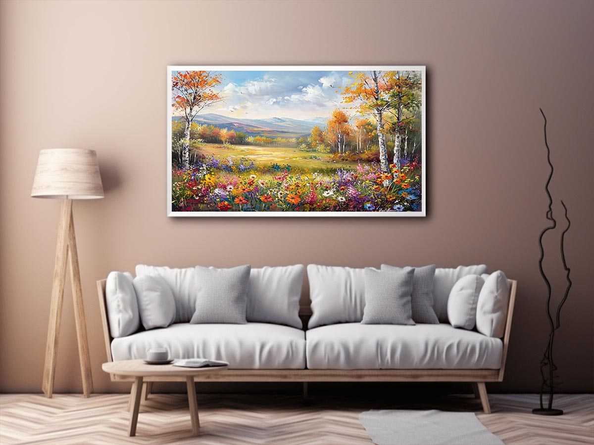 Autumn meadow landscape Canvas Print with wildflowers and mountains