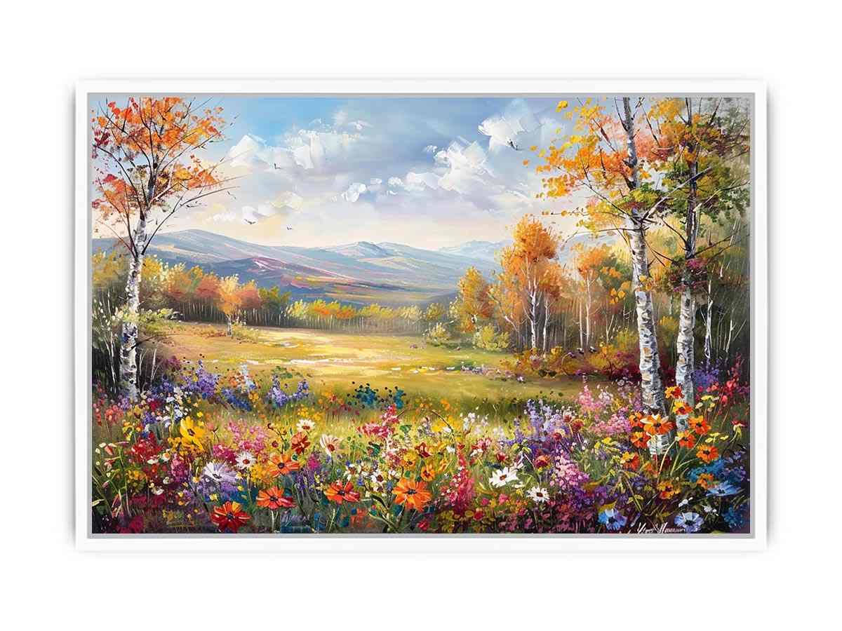 Autumn meadow landscape Canvas Print with wildflowers and mountains