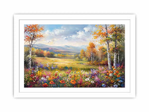 Autumn meadow landscape Canvas Print with wildflowers and mountains