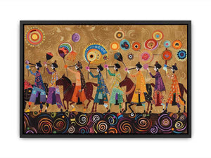 Colorful cultural procession Canvas Print with horses and folk patterns