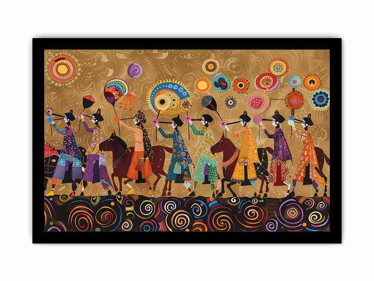 Colorful cultural procession Canvas Print with horses and folk patterns