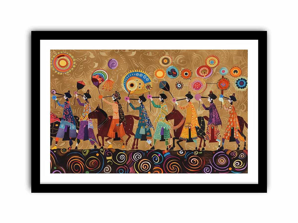 Colorful cultural procession Canvas Print with horses and folk patterns