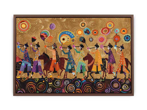 Colorful cultural procession Canvas Print with horses and folk patterns