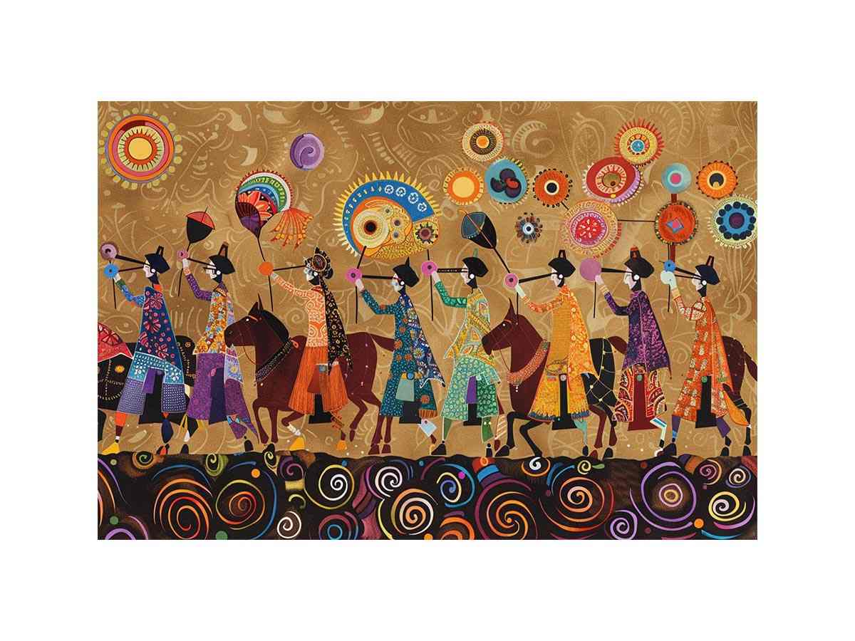 Colorful cultural procession canvas art with horses and folk patterns for statement wall decor