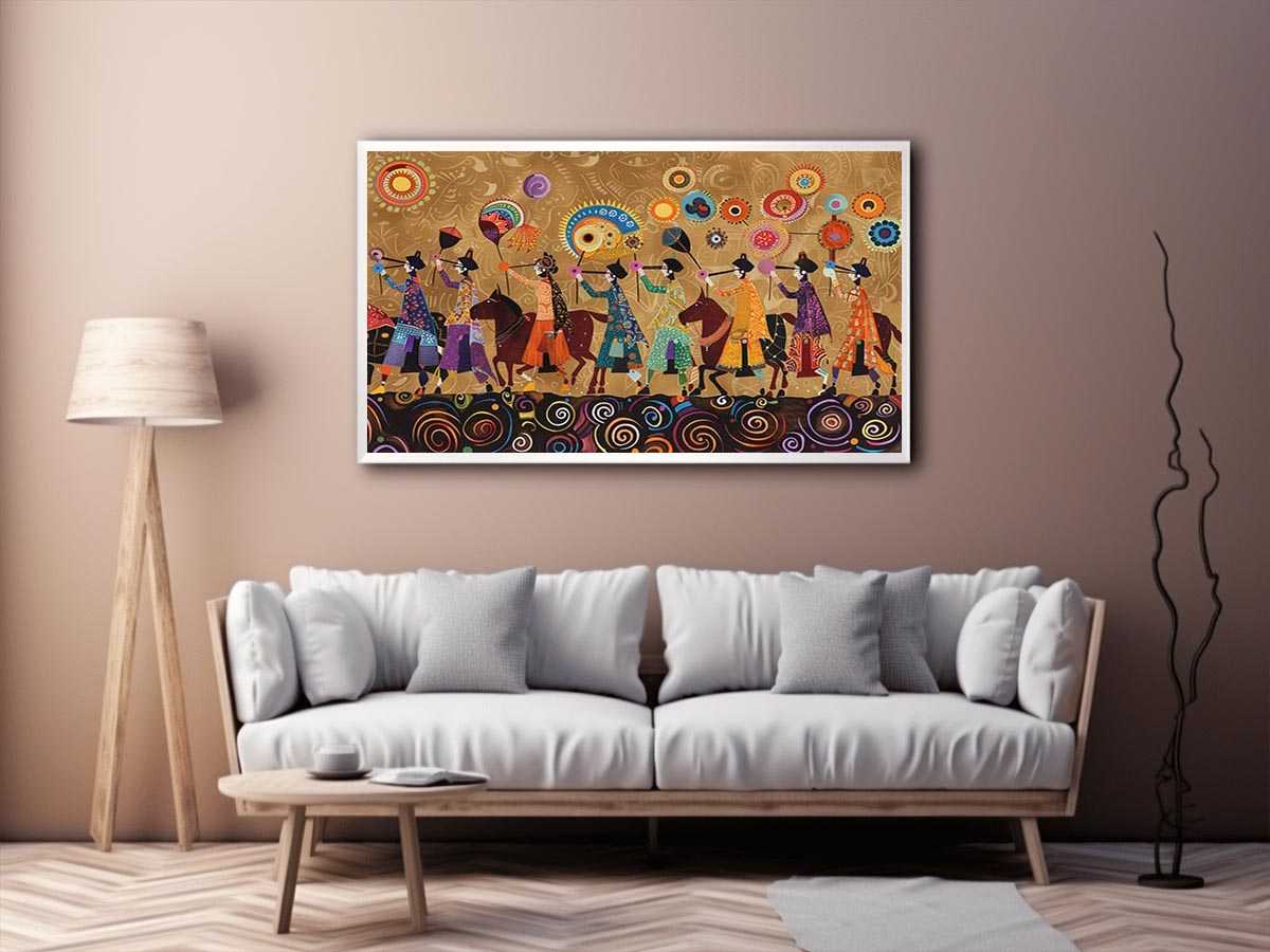 Colorful cultural procession Canvas Print with horses and folk patterns
