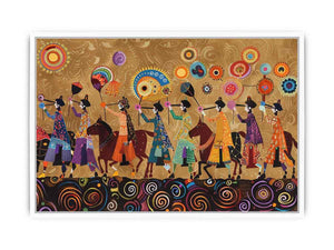 Colorful cultural procession Canvas Print with horses and folk patterns