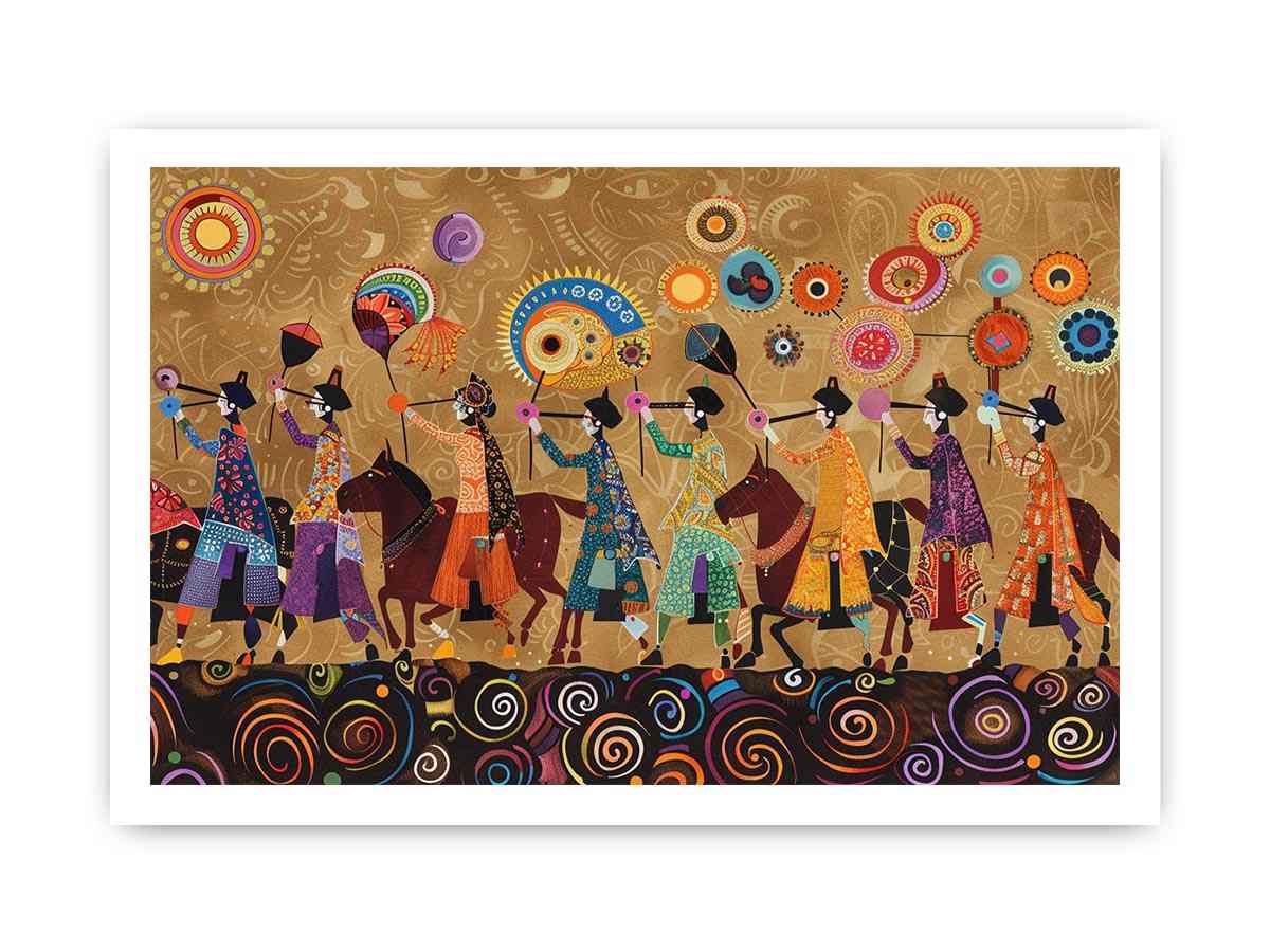 Colorful cultural procession Canvas Print with horses and folk patterns