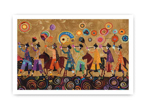 Colorful cultural procession Canvas Print with horses and folk patterns